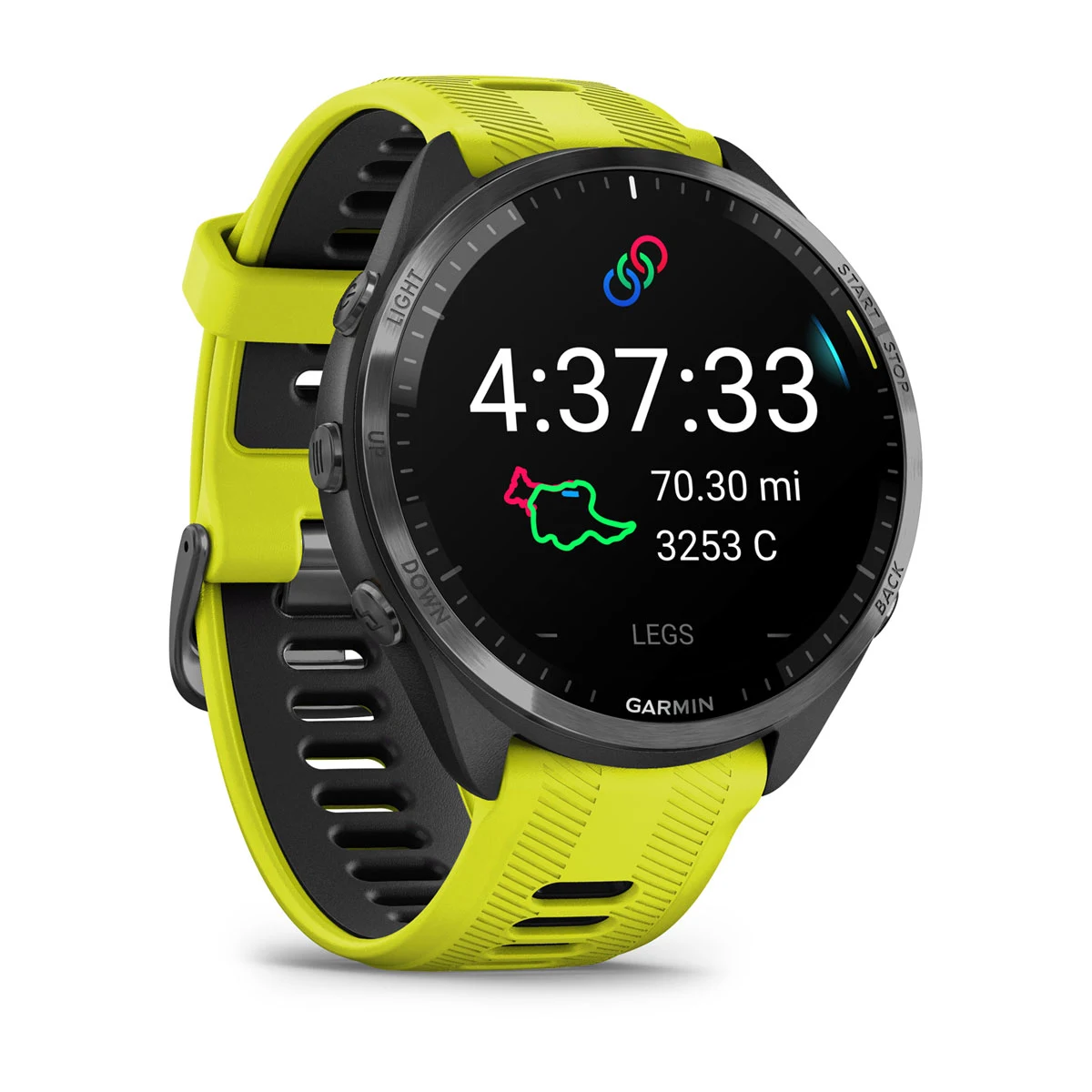 Forerunner® 965 Carbon Gray DLC Titanium Bezel with Black Case and Amp Yellow/Black Silicone Band