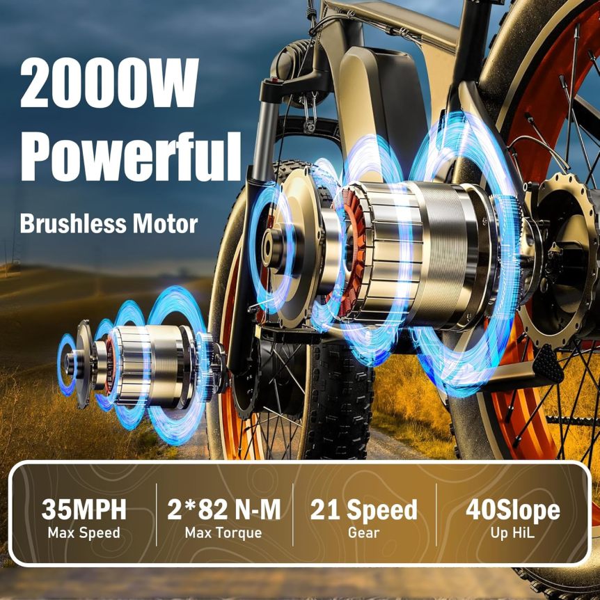 Dakeya Dual Motor Ebike,52V 23AH Battery Electric Bike for Adults AWD 2000W Peak 3600W,21-Speed 37MPH Mountain Snow Ebike with Removable,26 x 4.0 Fat Tire E-Bike with Cycling Pannier Bag