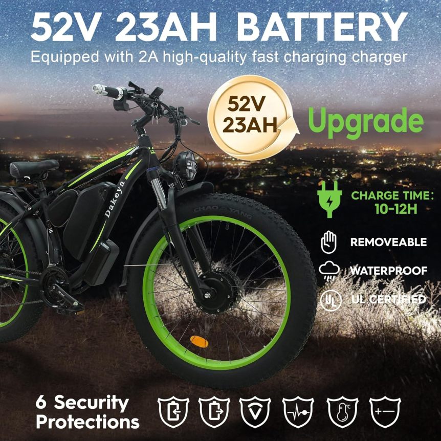 Dakeya Dual Motor Ebike,52V 23AH Battery Electric Bike for Adults AWD 2000W Peak 3600W,21-Speed 37MPH Mountain Snow Ebike with Removable,26 x 4.0 Fat Tire E-Bike with Cycling Pannier Bag