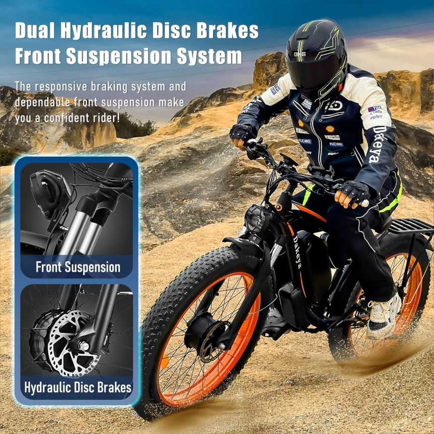 Dakeya Dual Motor Ebike,52V 23AH Battery Electric Bike for Adults AWD 2000W Peak 3600W,21-Speed 37MPH Mountain Snow Ebike with Removable,26 x 4.0 Fat Tire E-Bike with Cycling Pannier Bag