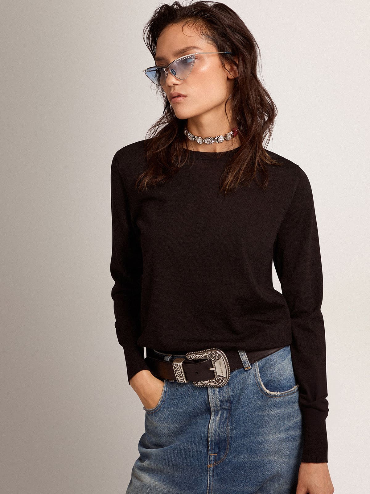 Women's round-neck sweater in black wool| Golden Goose