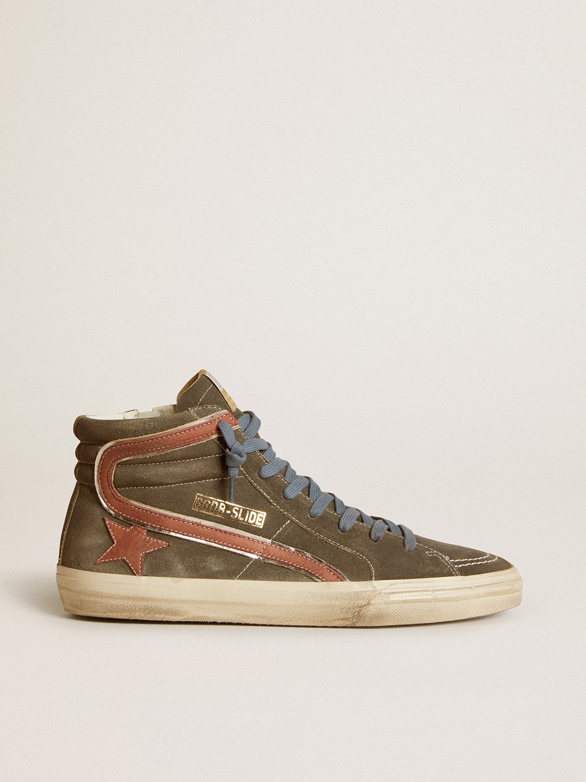Slide in gray suede with brown nubuck star and flash| Golden Goose