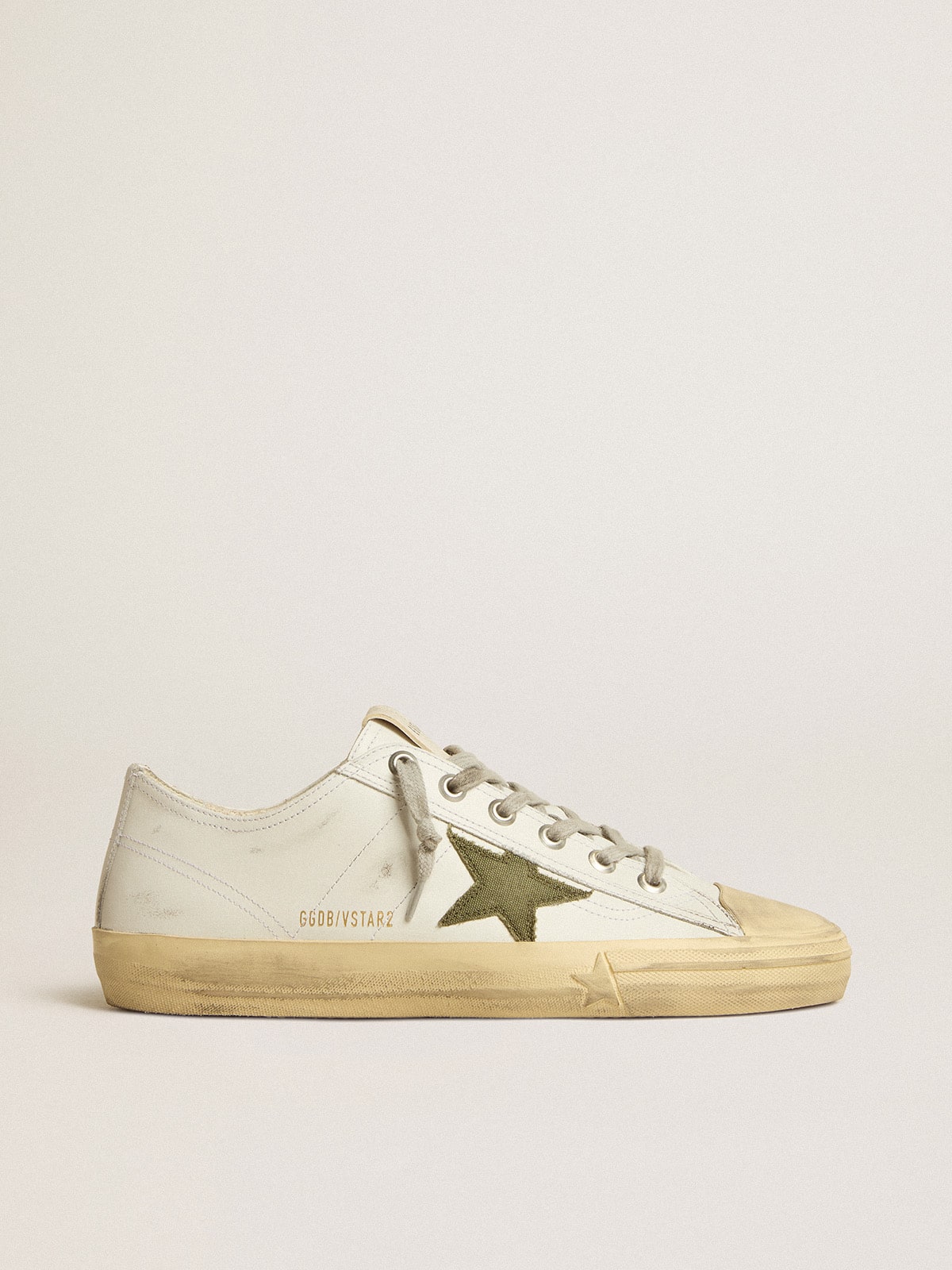 Men's V-Star in white leather with green canvas star| Golden Goose