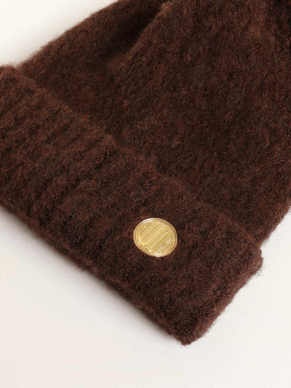 Coffee-colored wool beanie with pompom| Golden Goose