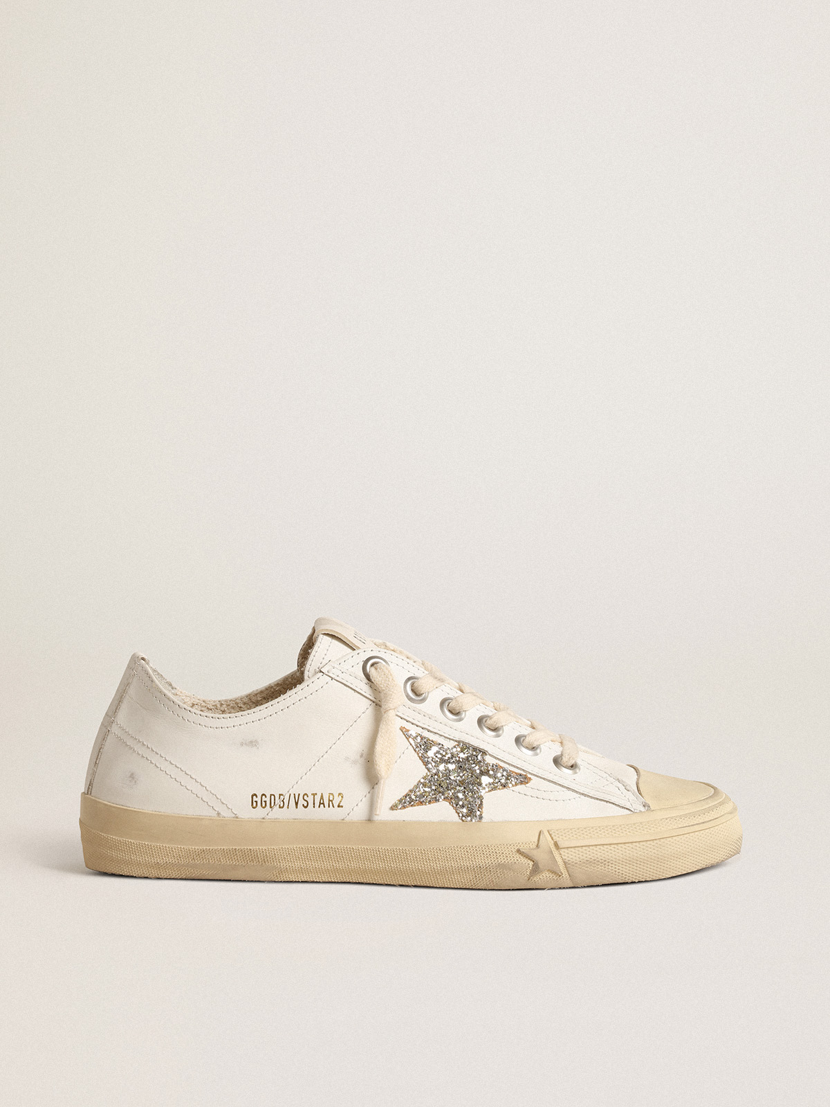 V-Star in white leather with a platinum glitter star| Golden Goose