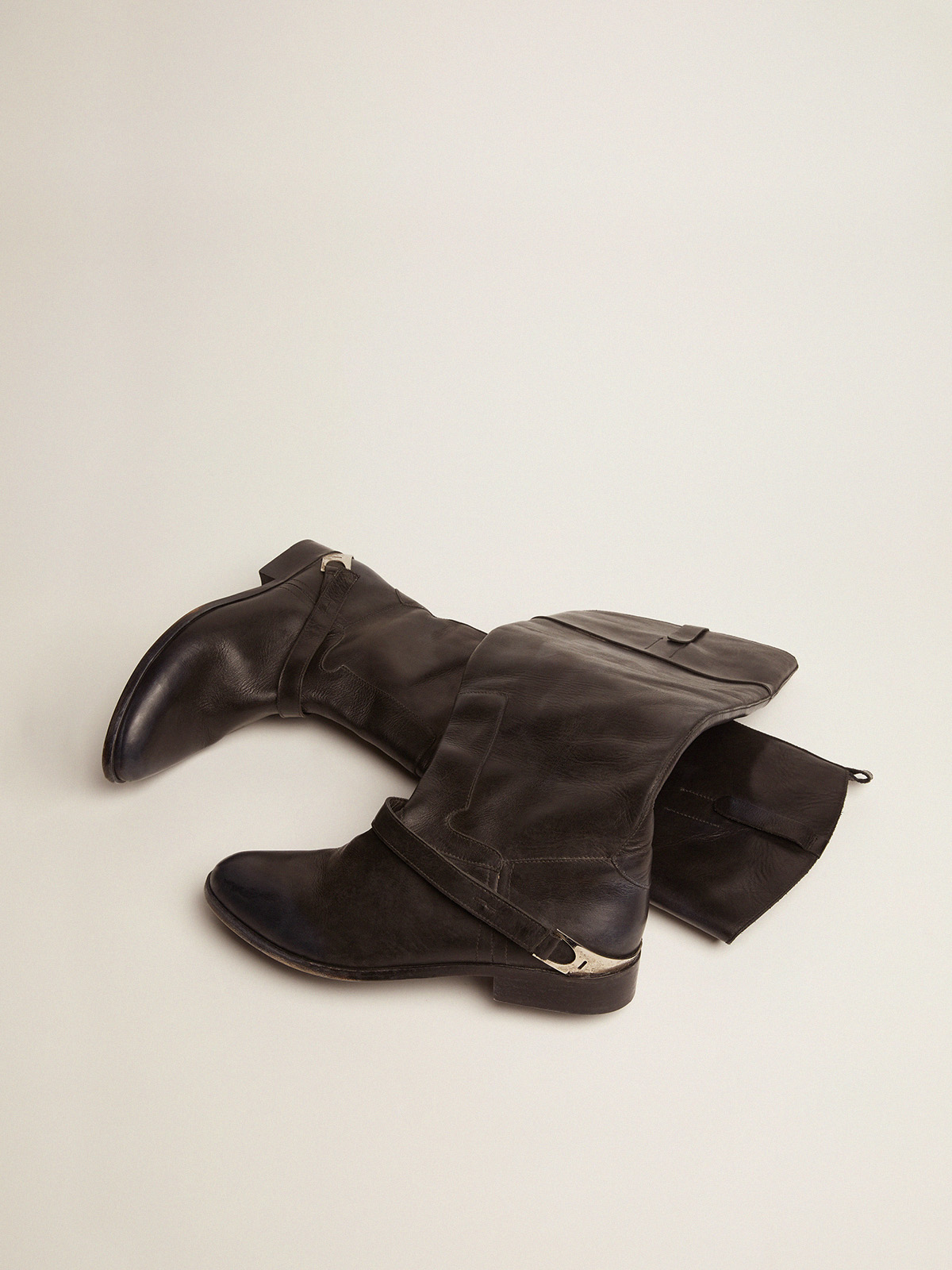 Women's black leather boots with clamp on the heel| Golden Goose