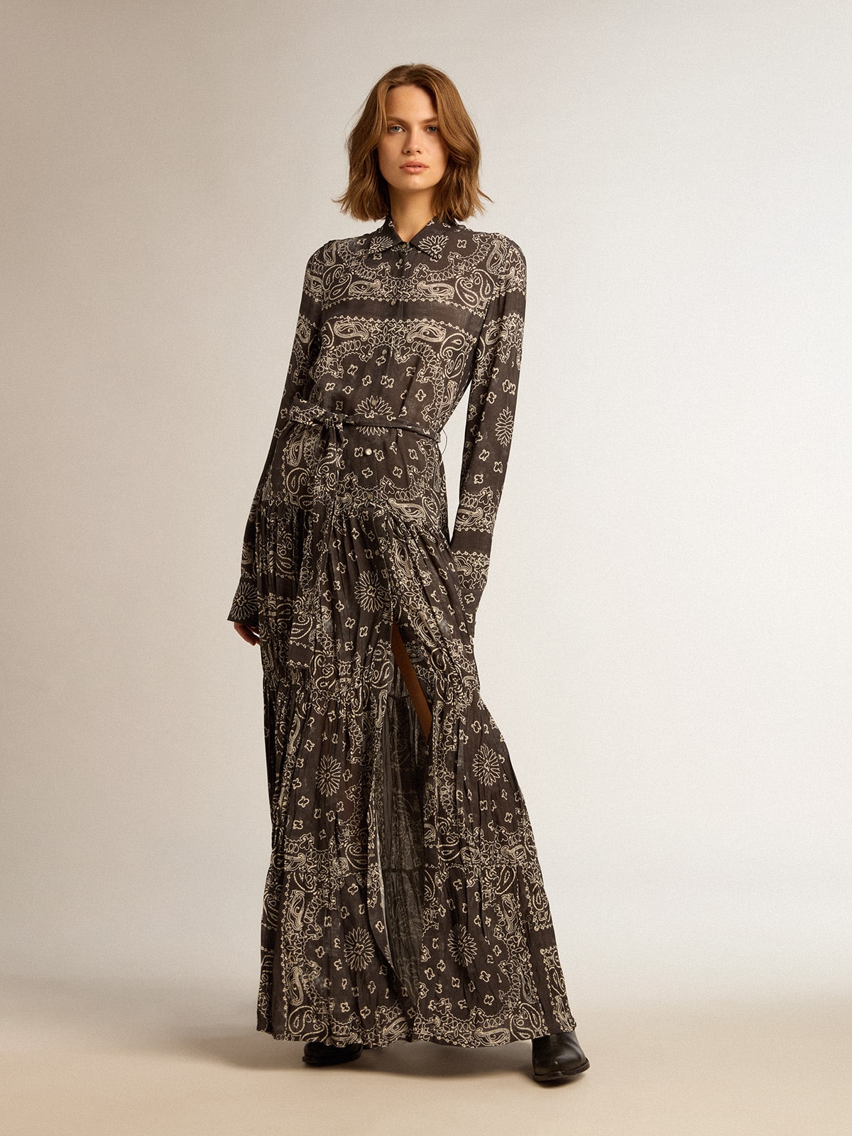 Anthracite-gray shirt dress with paisley print| Golden Goose