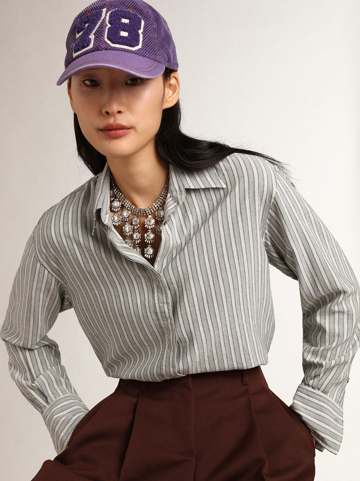 Women's boyfriend shirt with blue stripes| Golden Goose