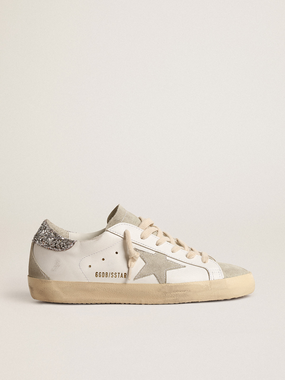 Super-Star with gray star and silver glitter heel tab| Golden Goose