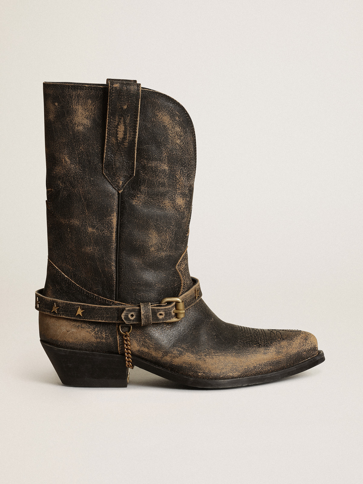 Women's low boots in glossy black leather with chain| Golden Goose