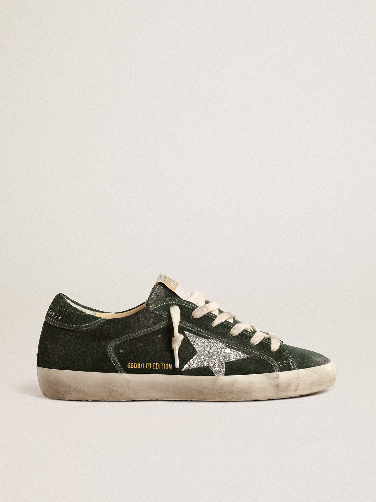 Super-Star LTD in green suede with silver glitter star| Golden Goose