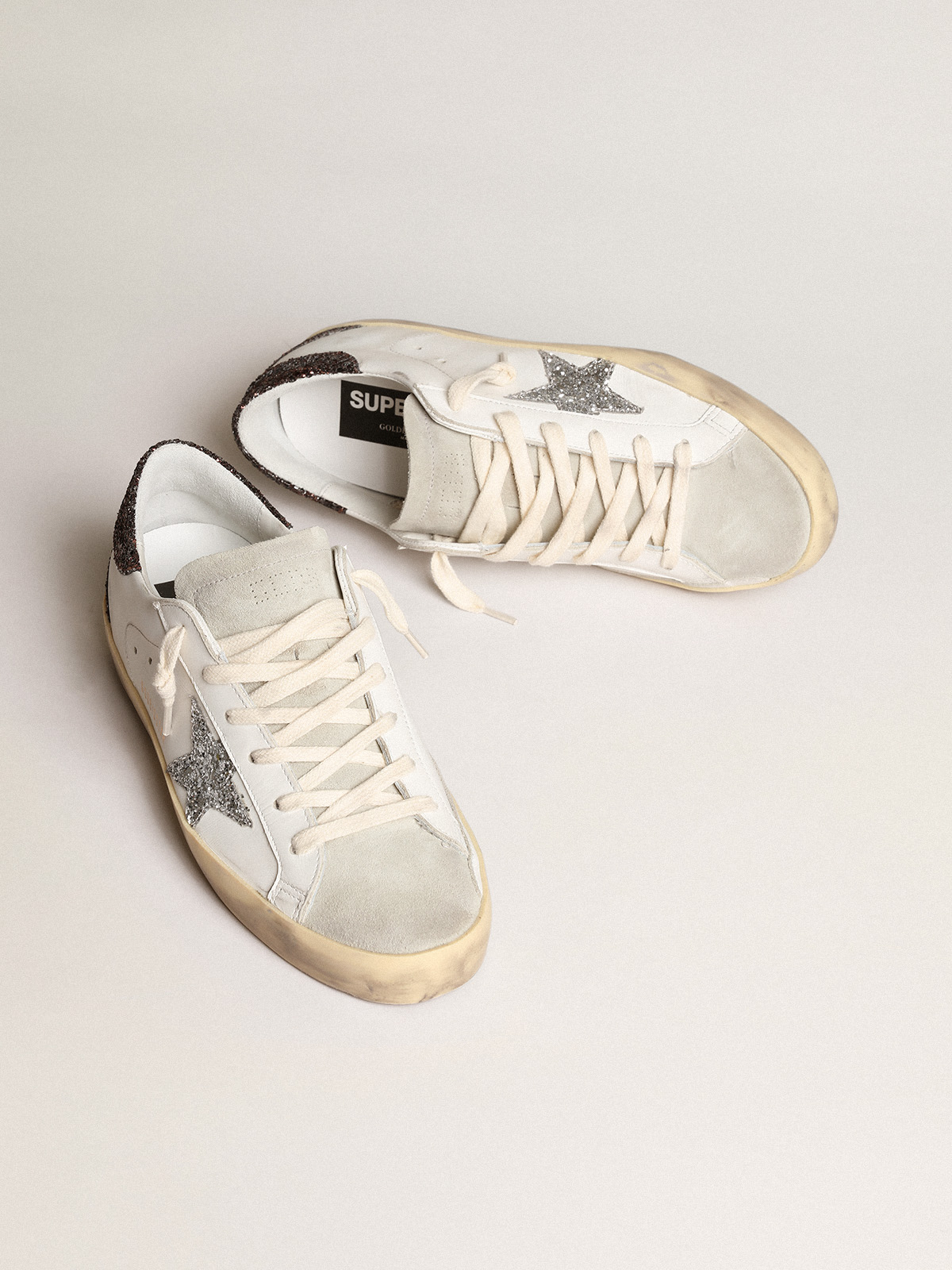 Super-Star with silver star and brown glitter heel tab| Golden Goose