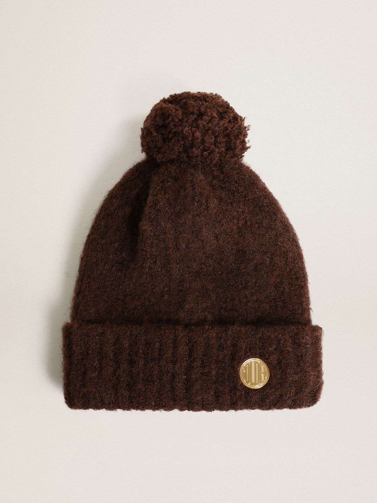 Coffee-colored wool beanie with pompom| Golden Goose