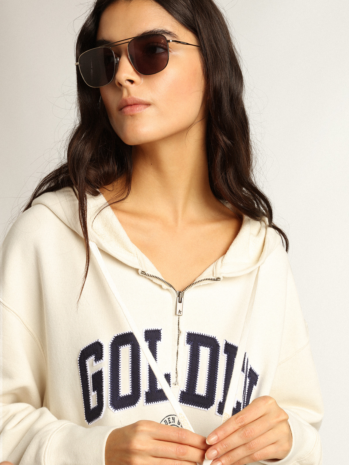White sweatshirt dress with hood and Golden patch| Golden Goose