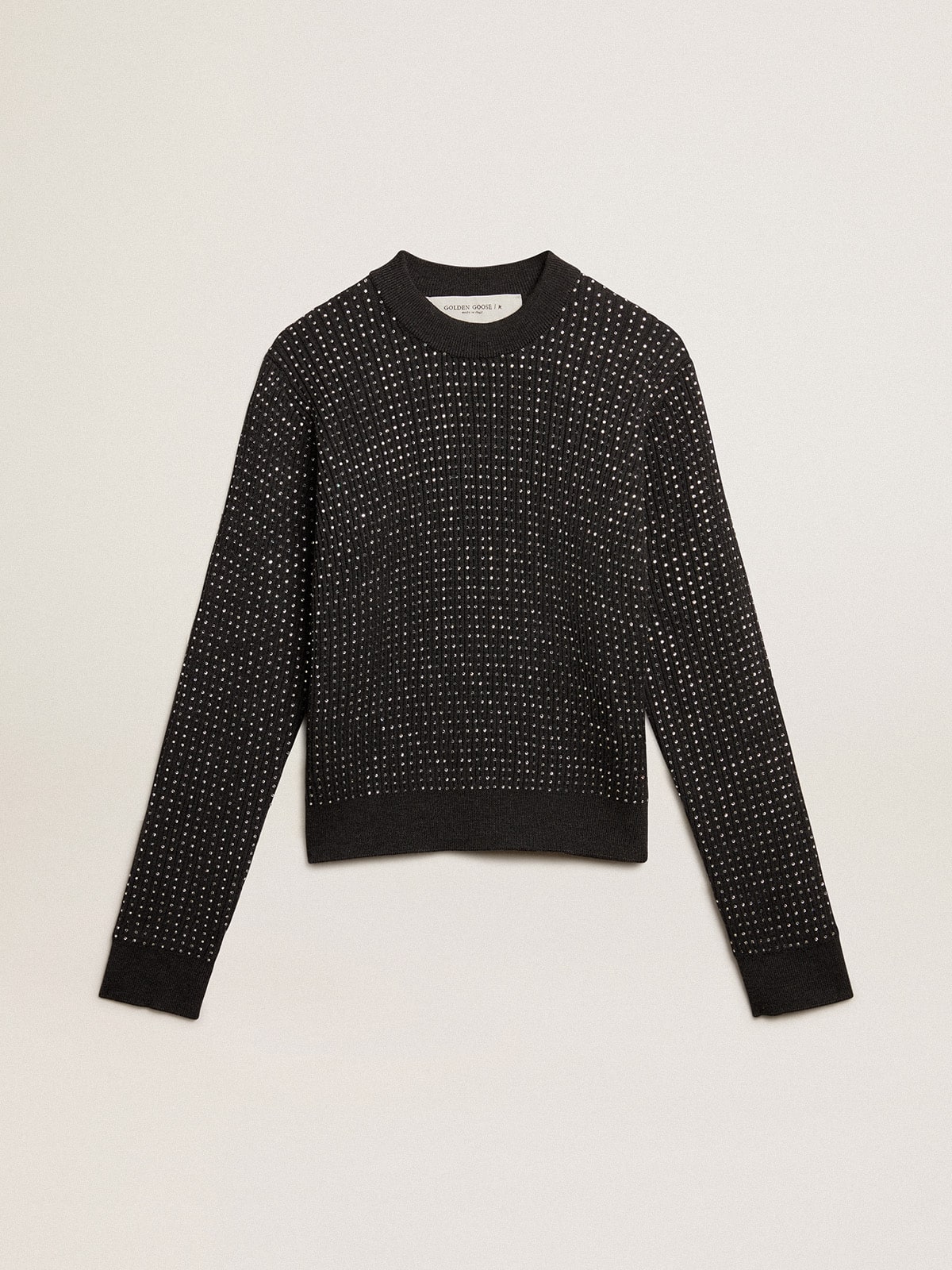 Round-neck sweater in merino wool with all-over crystals| Golden Goose
