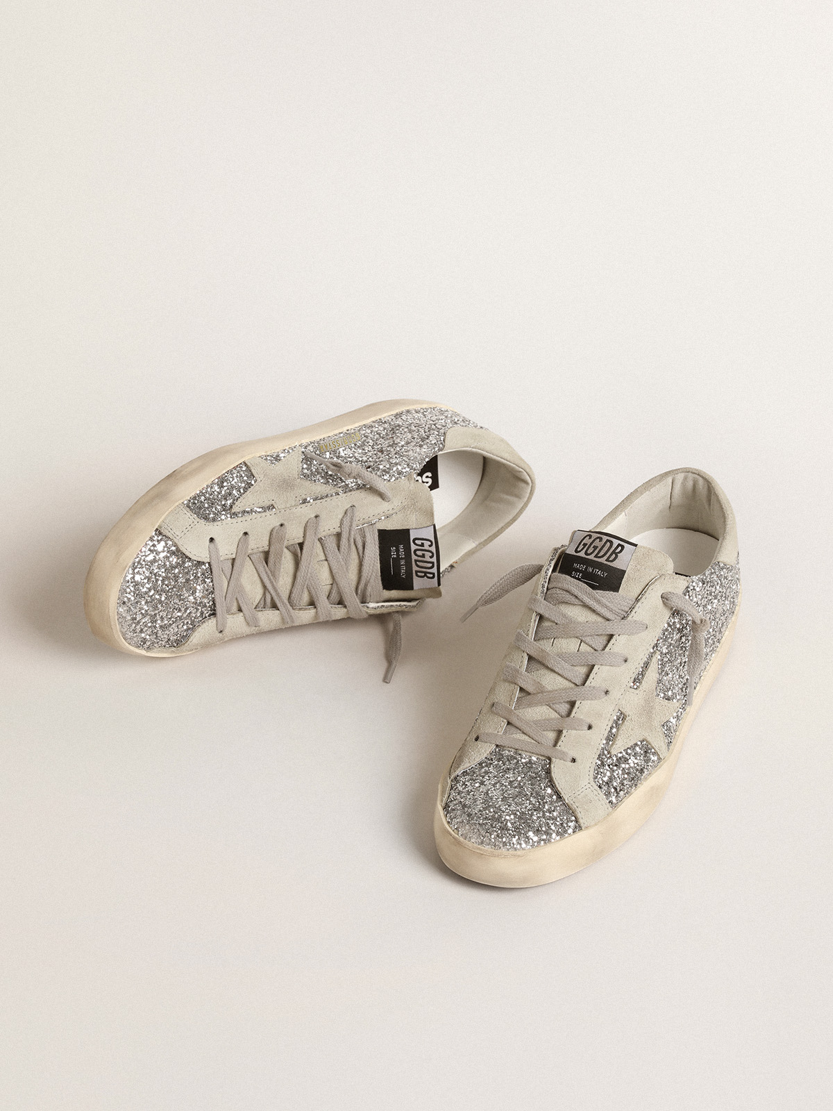 Super-Star in silver glitter with ice-gray suede star| Golden Goose