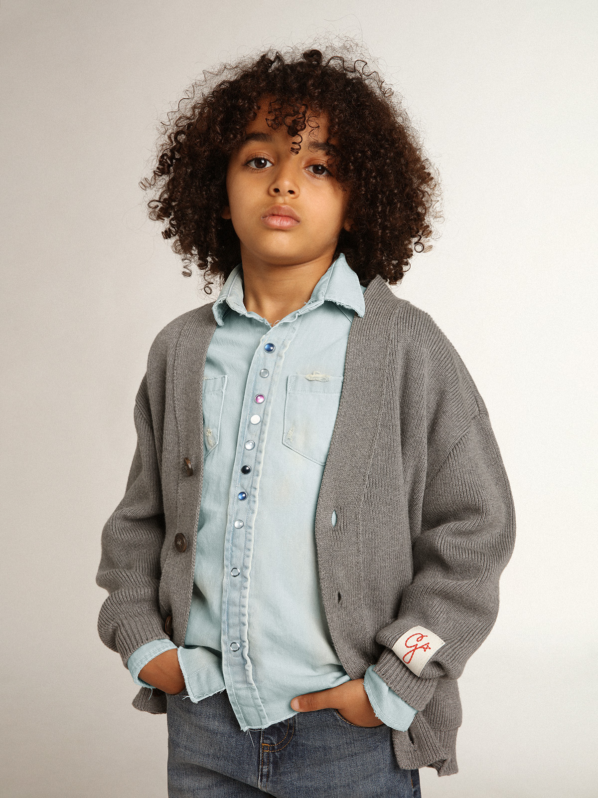 Gray cotton cardigan with logo on the back| Golden Goose