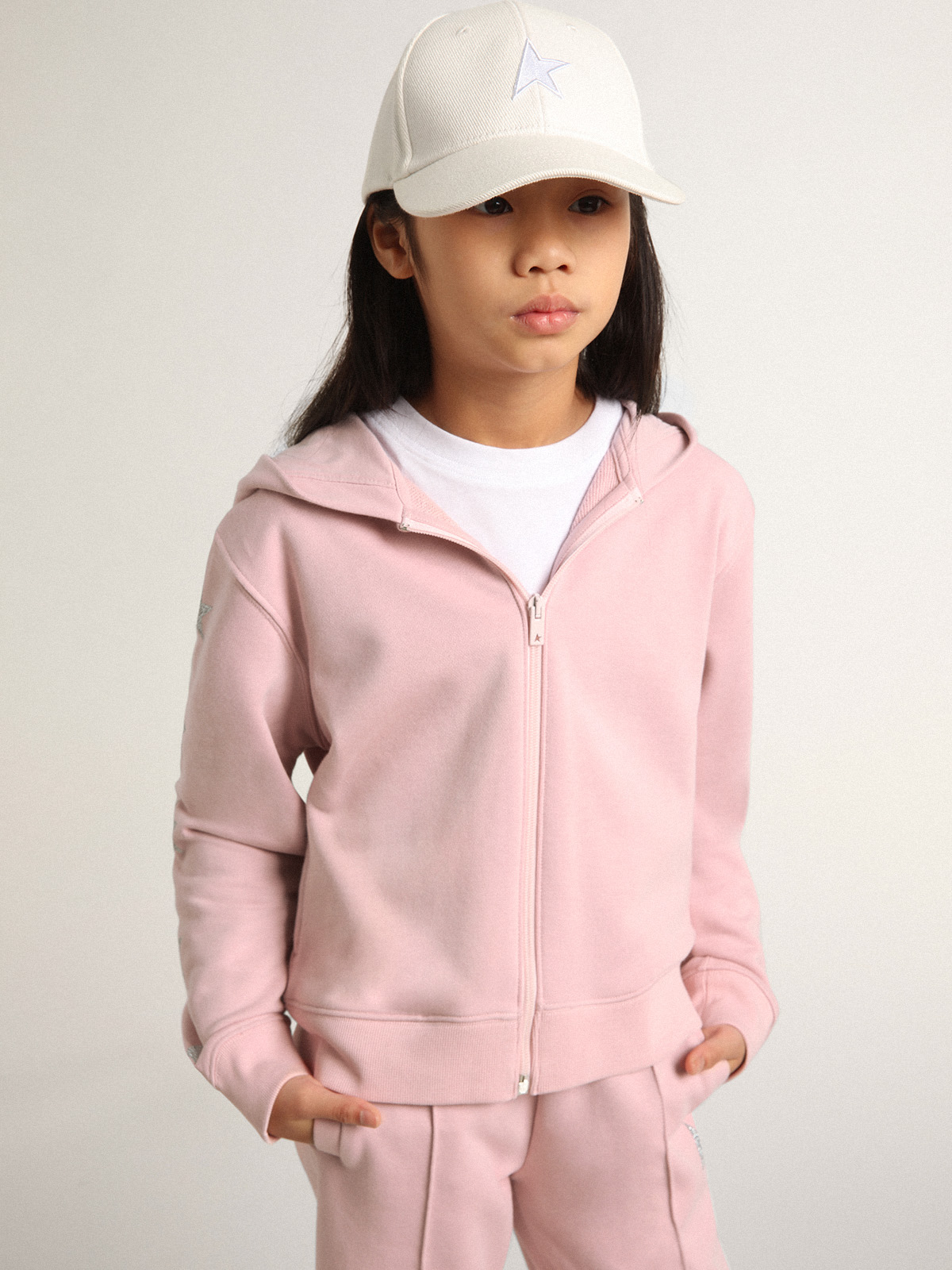 Pink sweatshirt with hood and silver glitter stars| Golden Goose