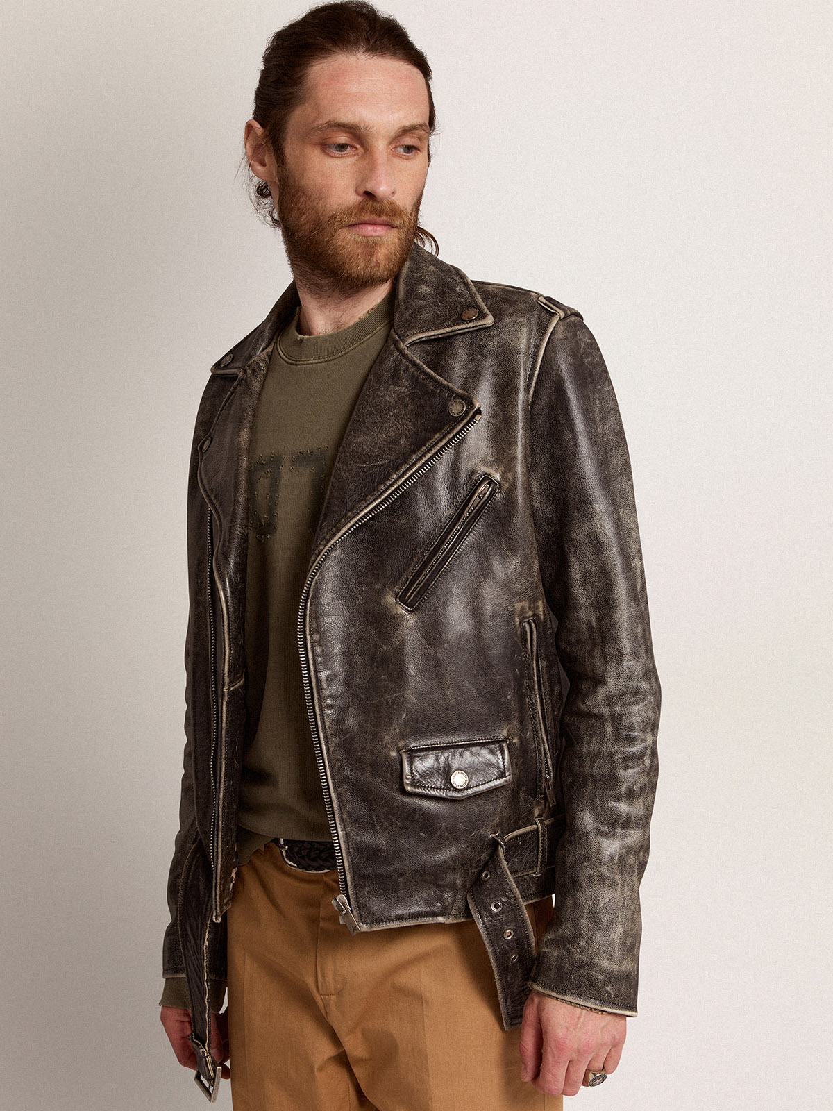 Men's black leather biker jacket| Golden Goose