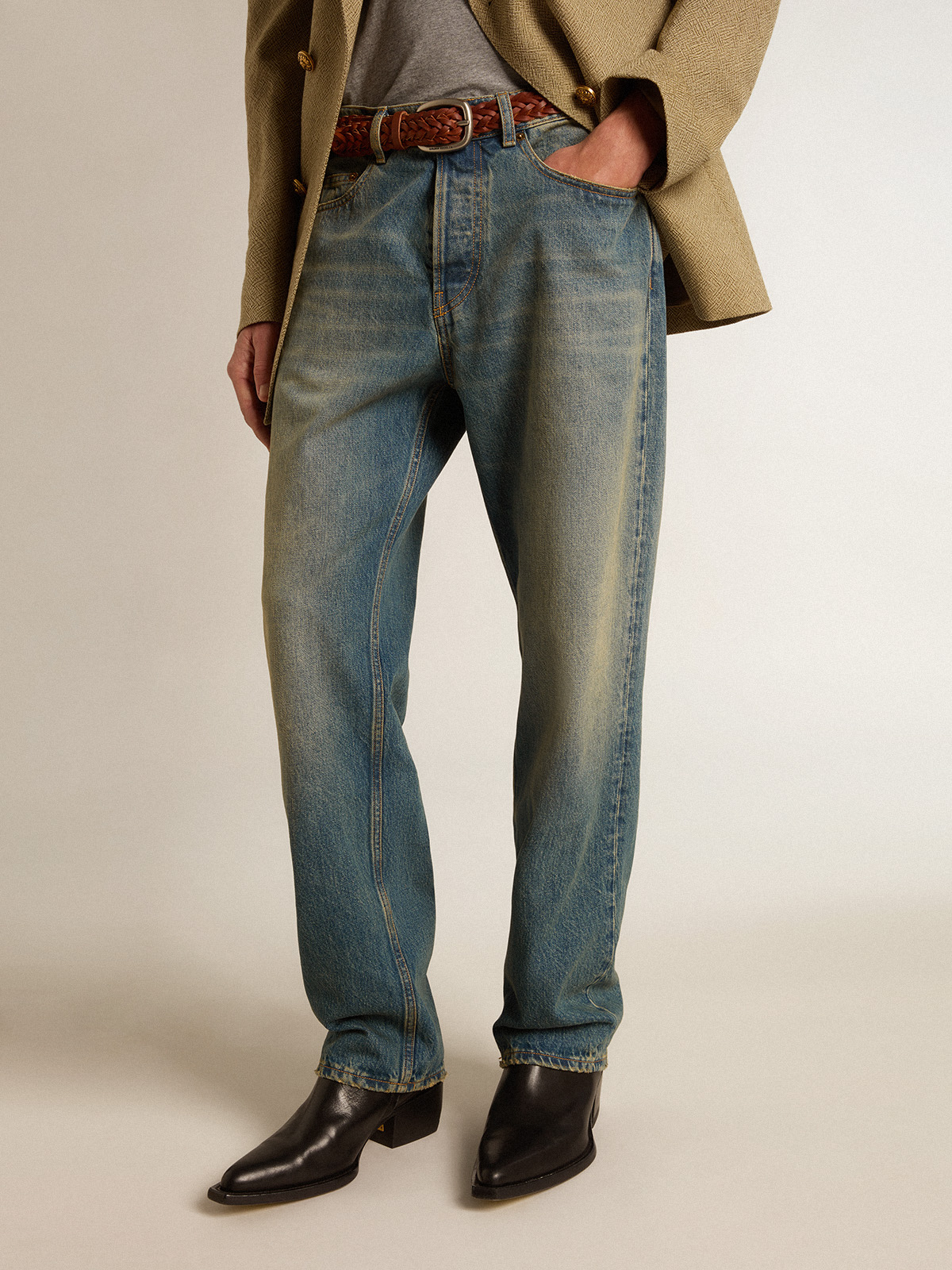 Blue jeans with a lived-in treatment| Golden Goose