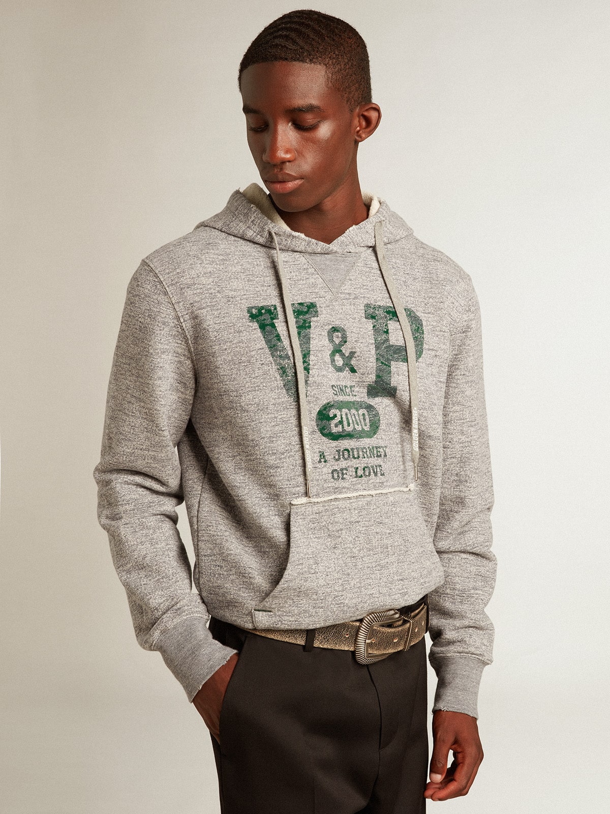 Gray hooded sweatshirt with front pocket| Golden Goose