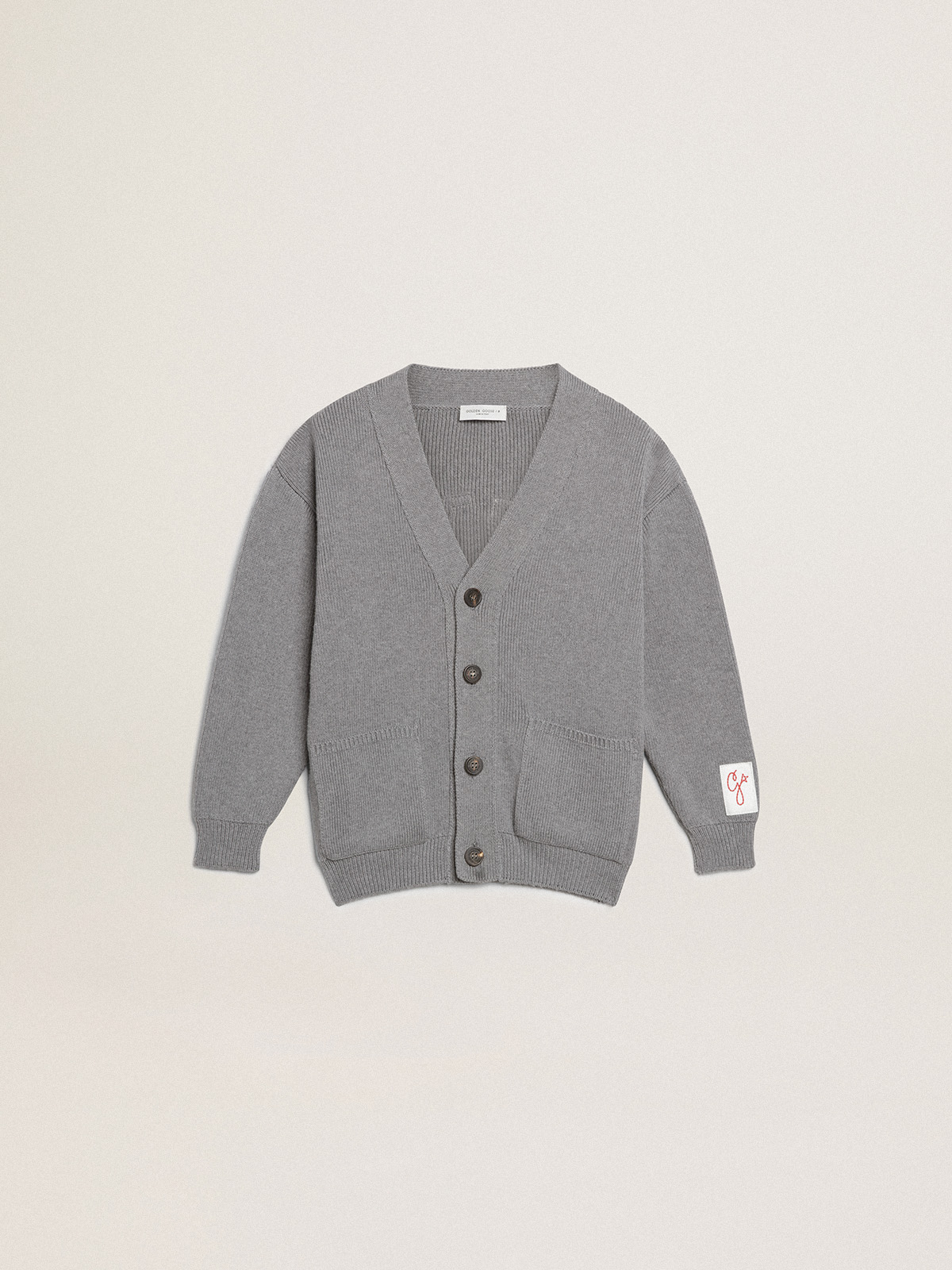 Gray cotton cardigan with logo on the back| Golden Goose