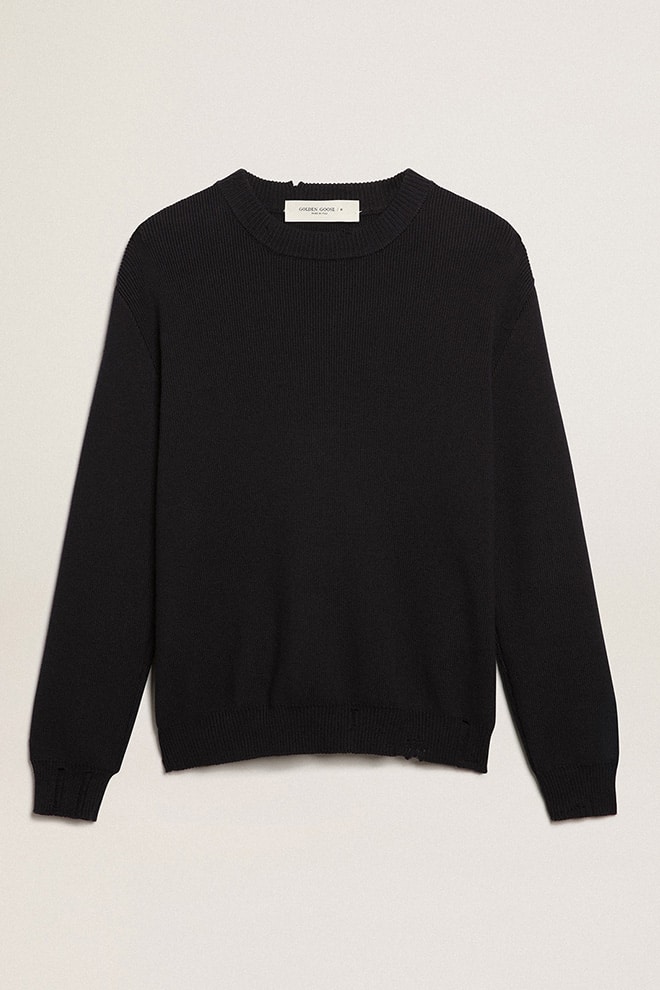 Men's round-neck sweater in dark blue cotton| Golden Goose
