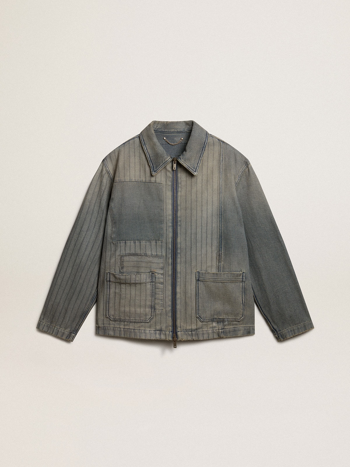 Men's denim jacket with stripes and patches on the front| Golden Goose