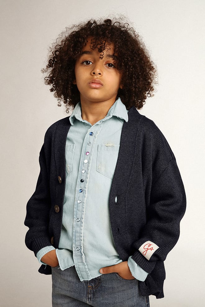 Dark blue cotton cardigan with logo on the back| Golden Goose
