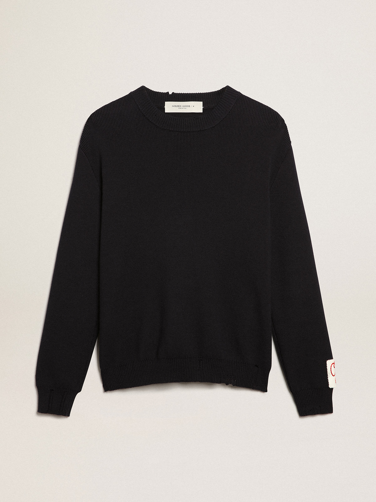 Men's round-neck sweater in dark blue cotton| Golden Goose