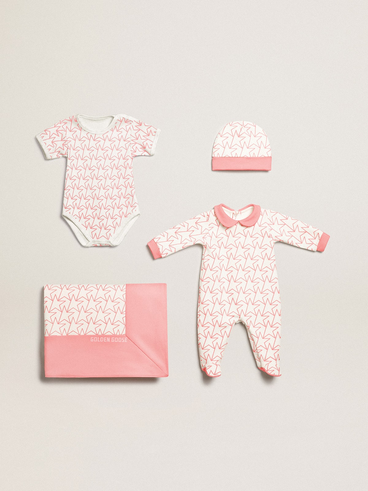 Baby gift set in white with pink trim and star| Golden Goose