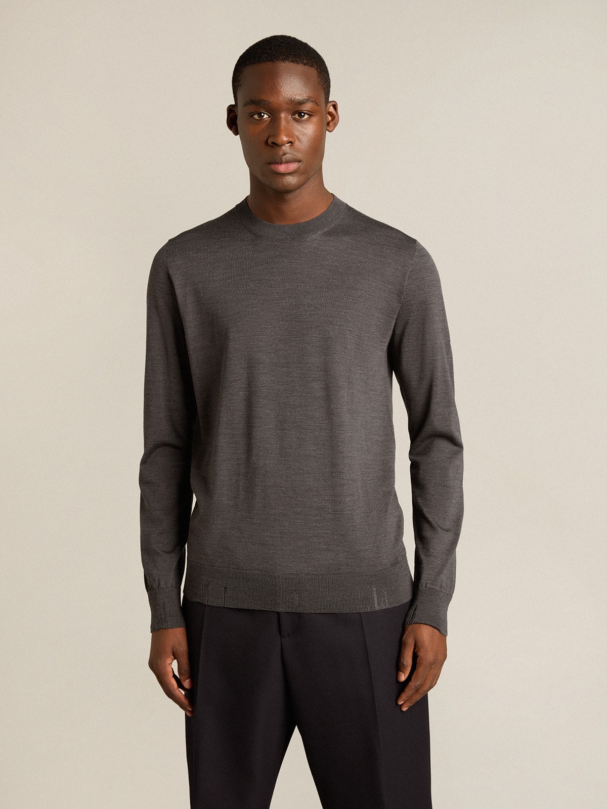 Men's round-neck sweater in dark gray mélange wool| Golden Goose