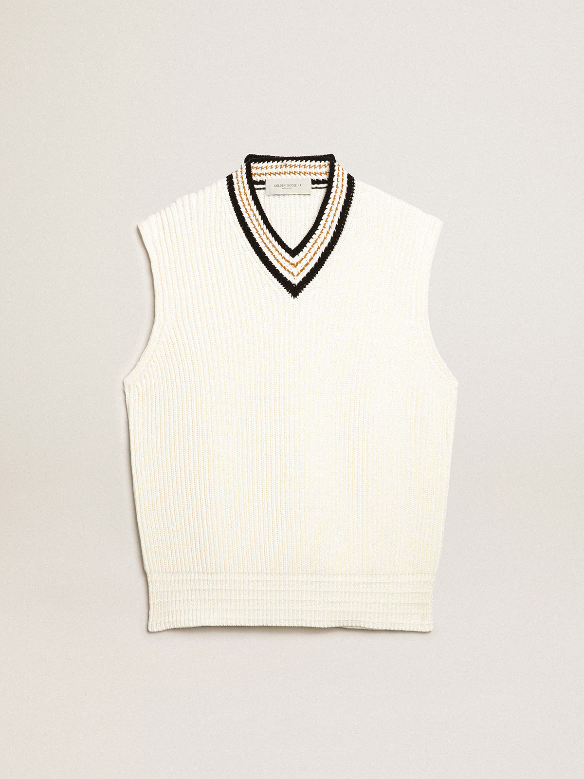 V-neck vest in papyrus-colored cotton yarn| Golden Goose