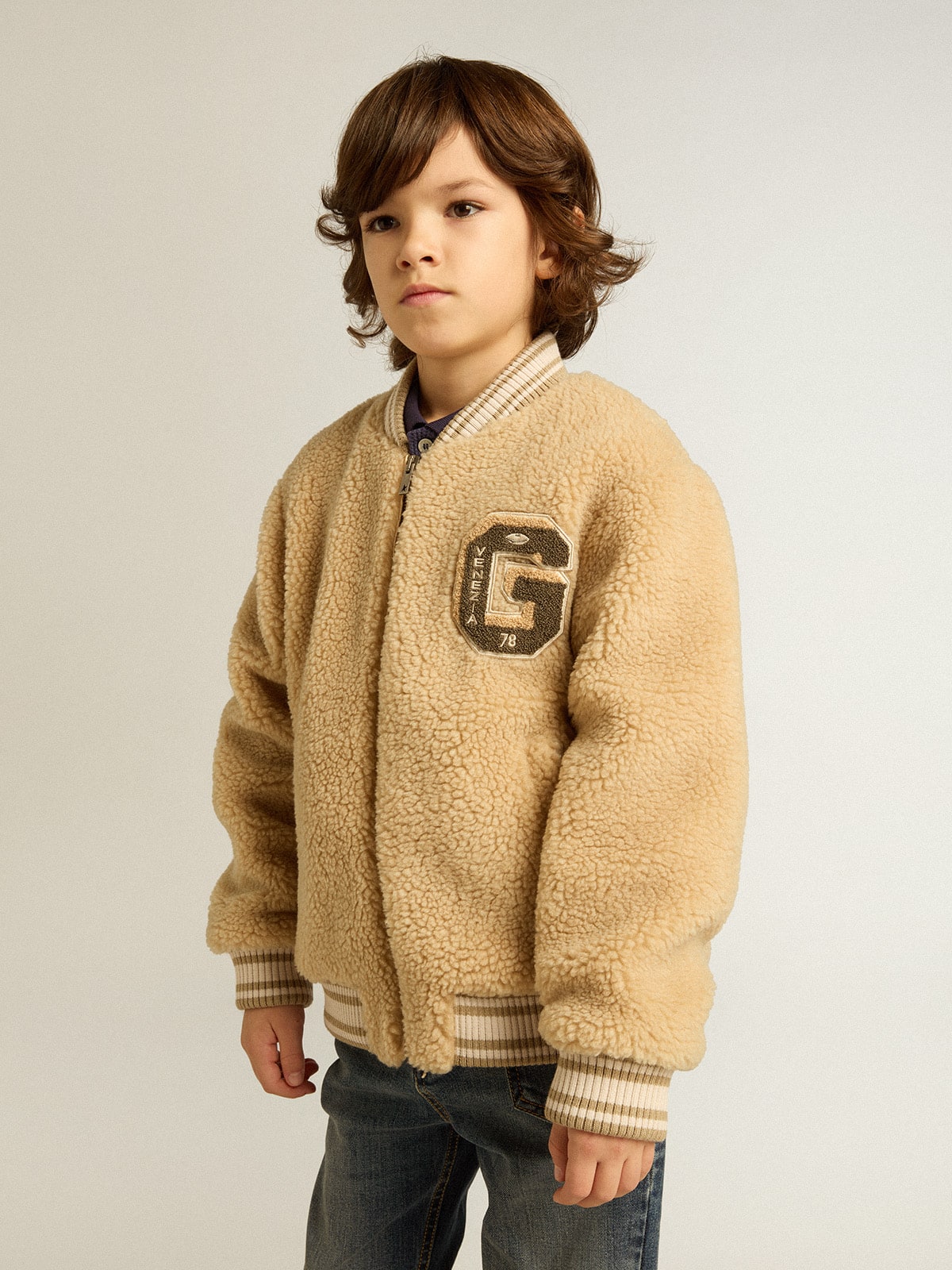 Kids beige fleece bomber jacket| Golden Goose