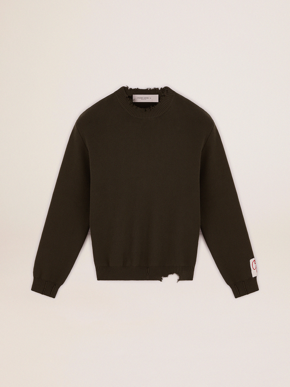 Men's round-neck sweater in military green cotton| Golden Goose