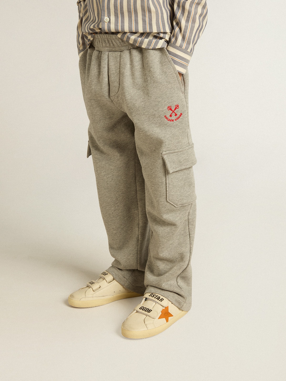 Gray melange cotton cargo joggers with embroidery| Golden Goose
