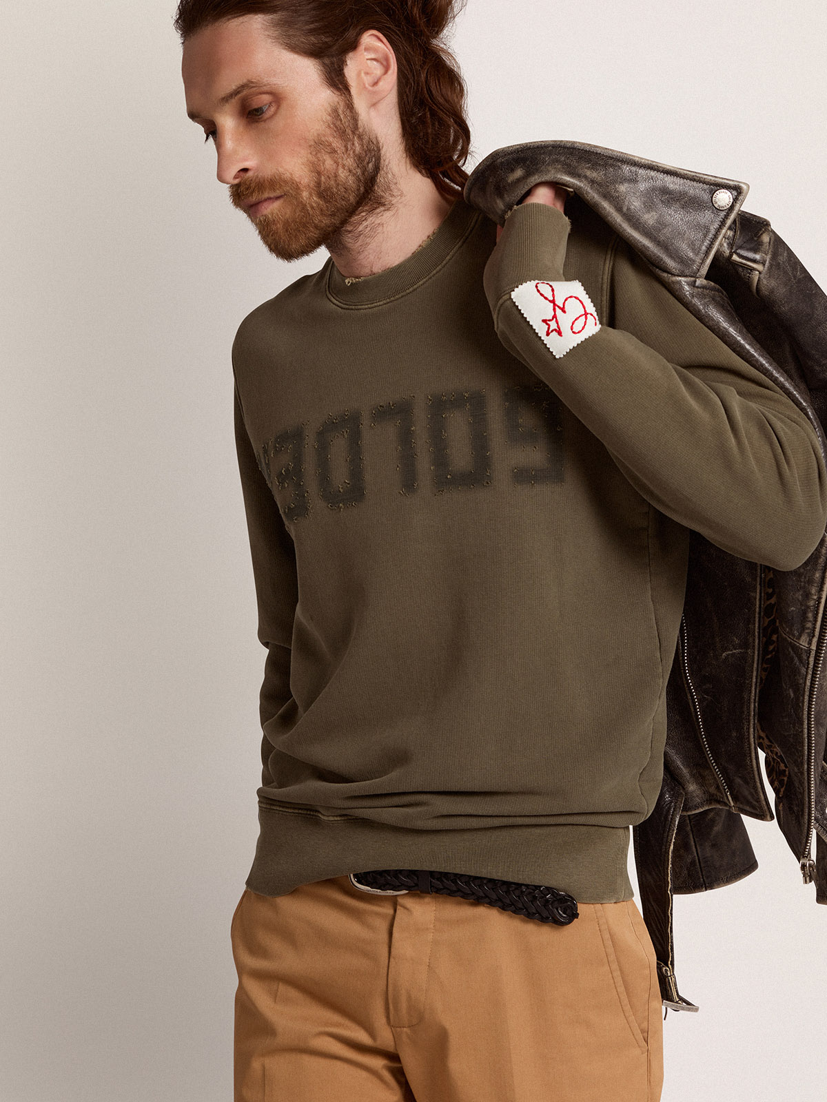 Men's olive green sweatshirt with Golden lettering| Golden Goose