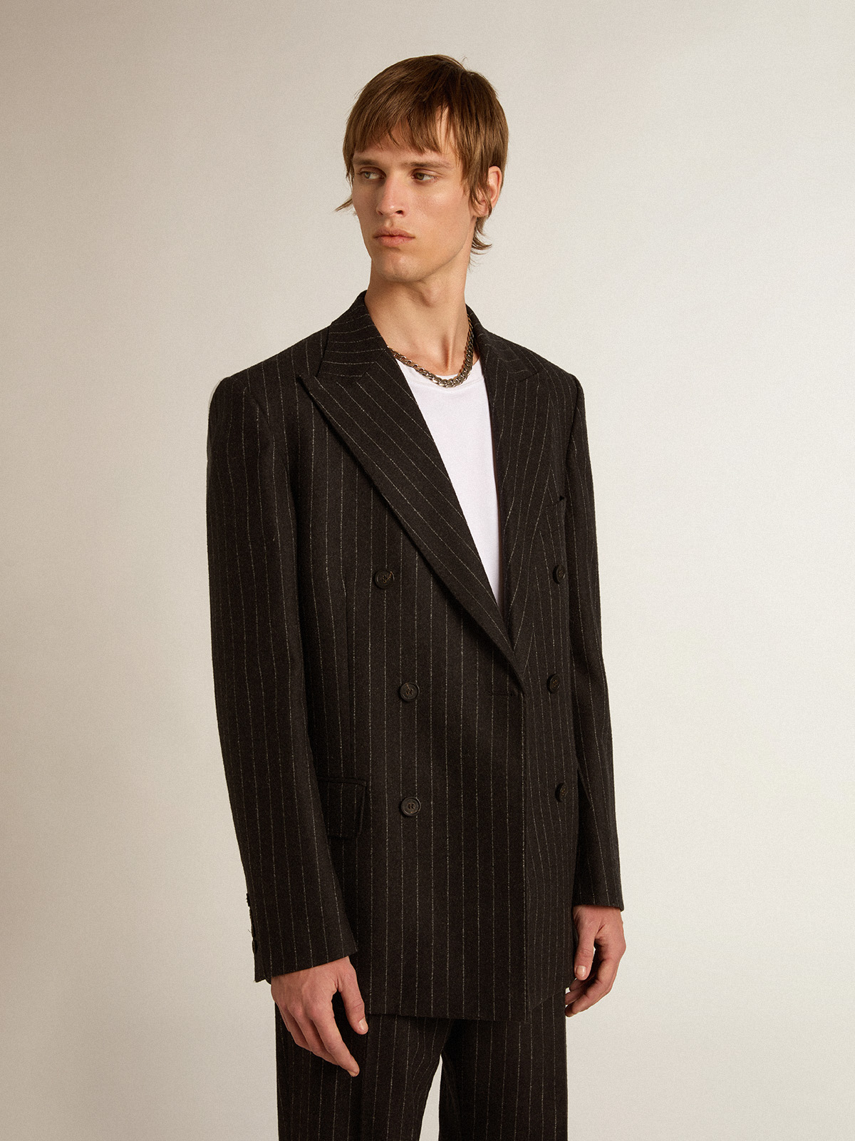 Men's double-breasted blazer in gray melange wool| Golden Goose