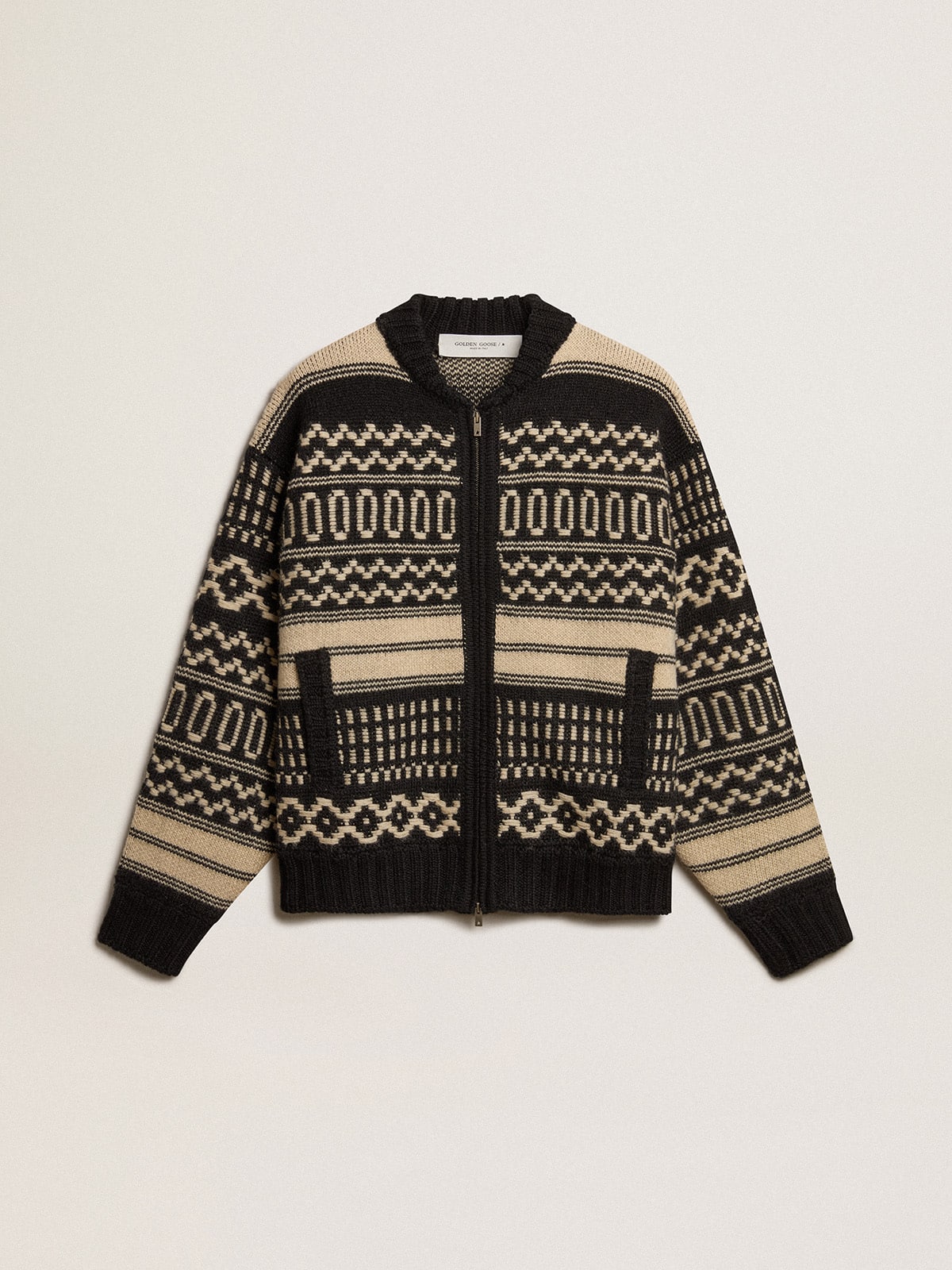 Men's cardigan in ecru wool with jacquard design| Golden Goose