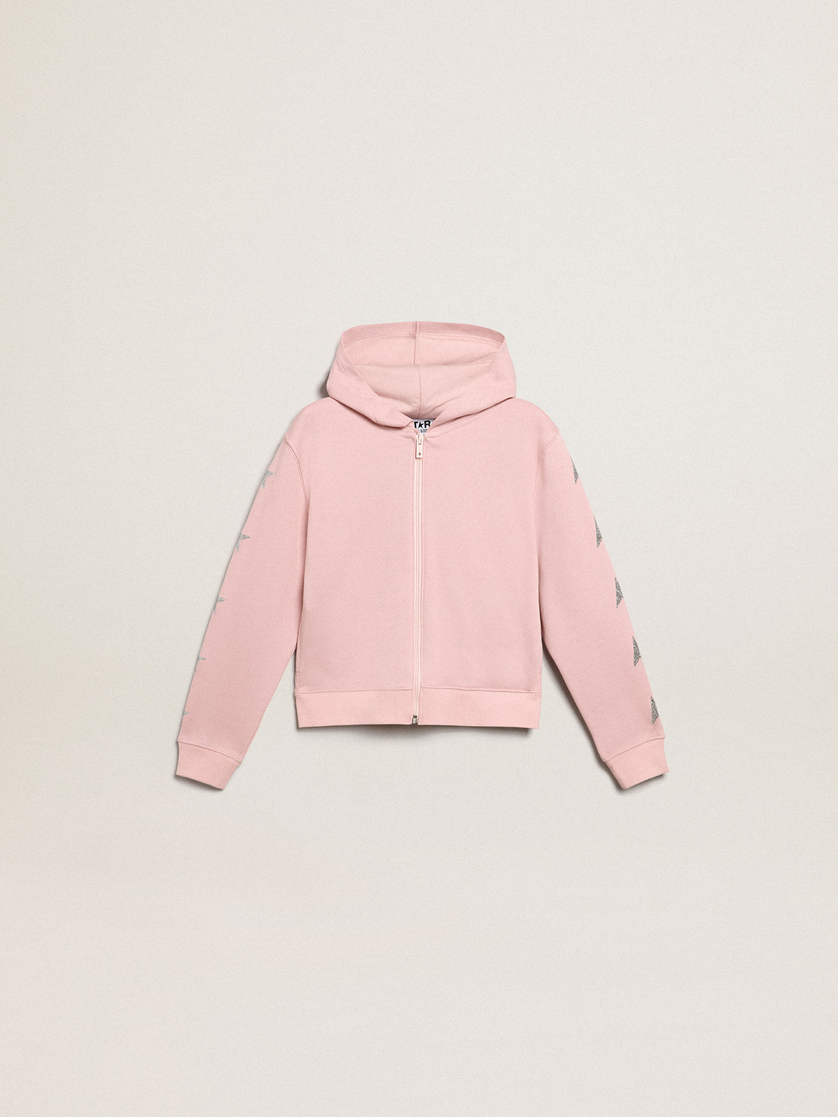 Pink sweatshirt with hood and silver glitter stars| Golden Goose