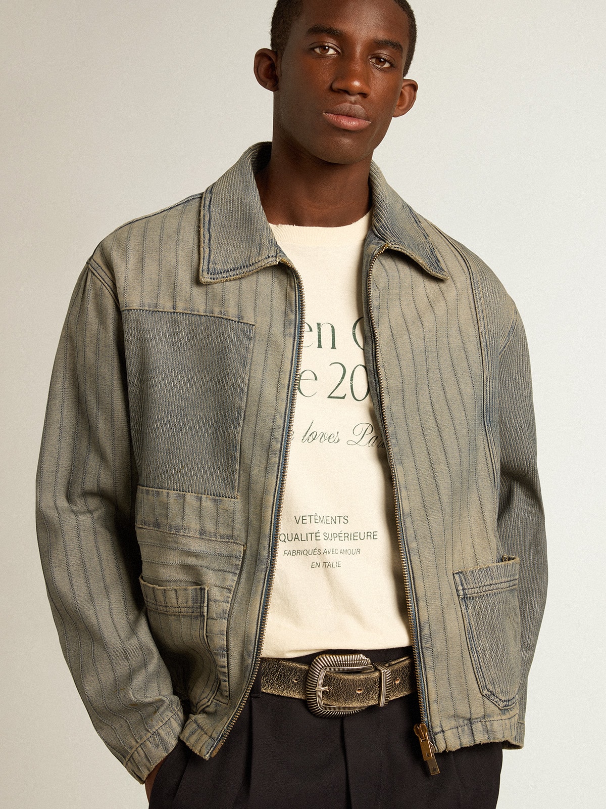Men's denim jacket with stripes and patches on the front| Golden Goose