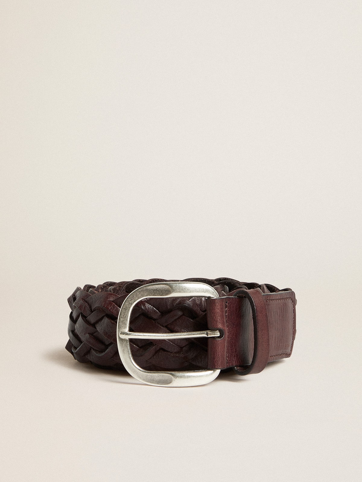 Men's dark brown woven leather belt| Golden Goose