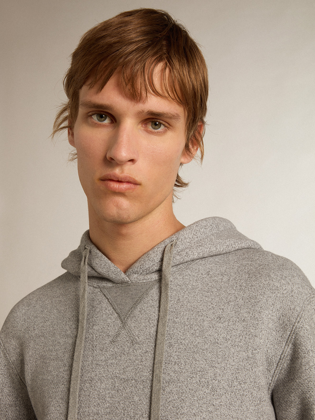 Gray melange cotton sweatshirt with hood| Golden Goose