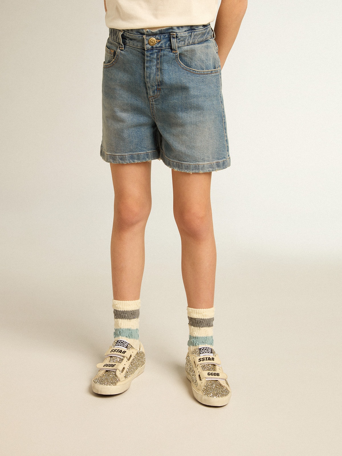 Girls' denim shorts with distressed finish| Golden Goose