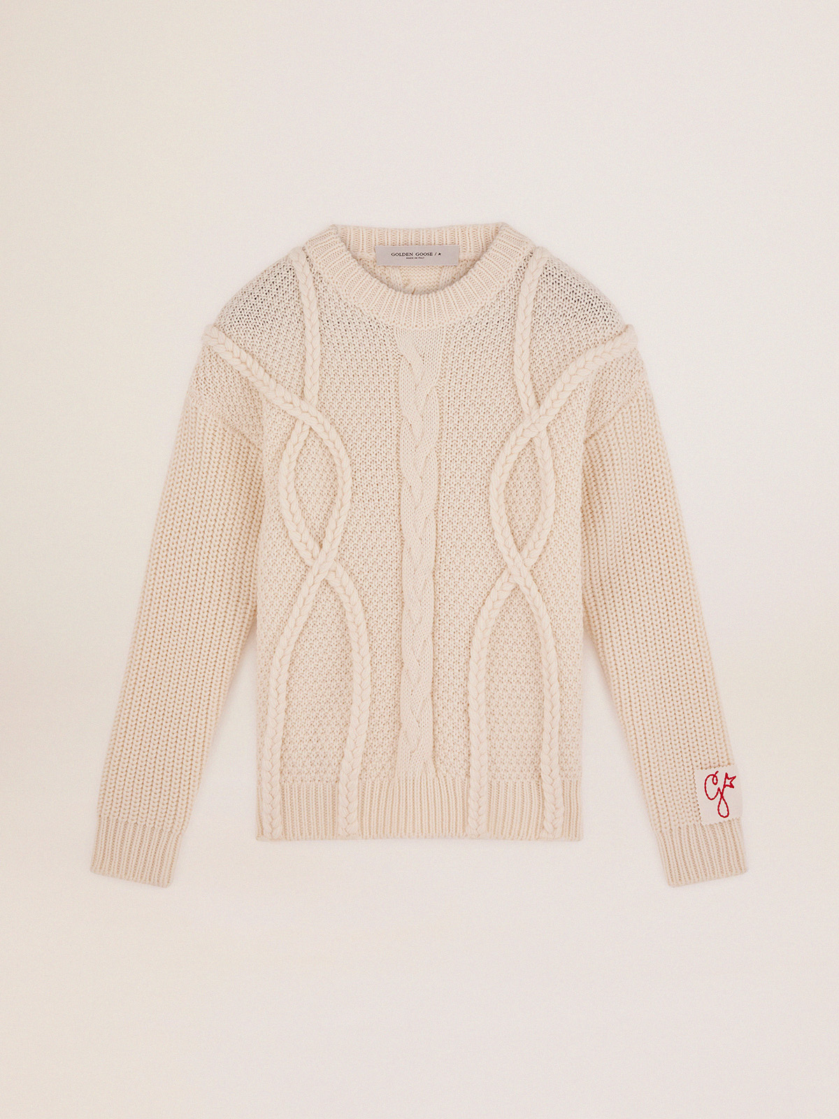 Men's crew-neck sweater in white wool| Golden Goose