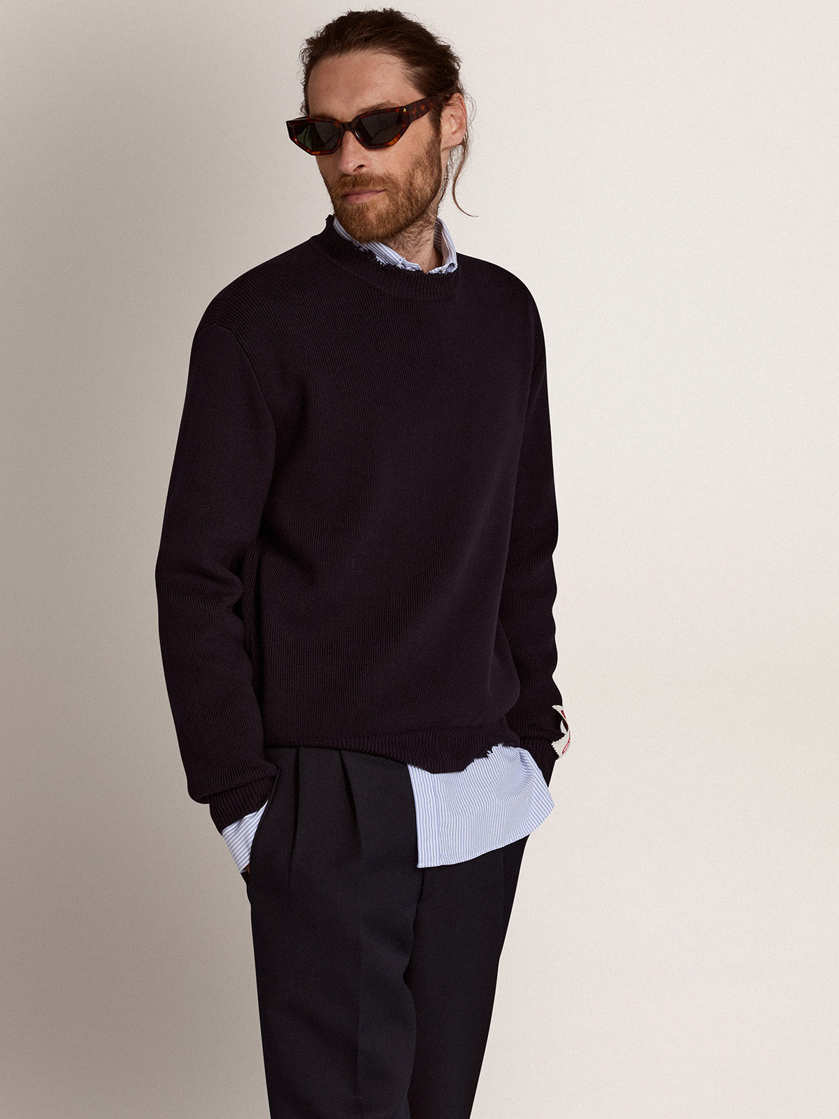 Men's round-neck sweater in dark blue cotton| Golden Goose