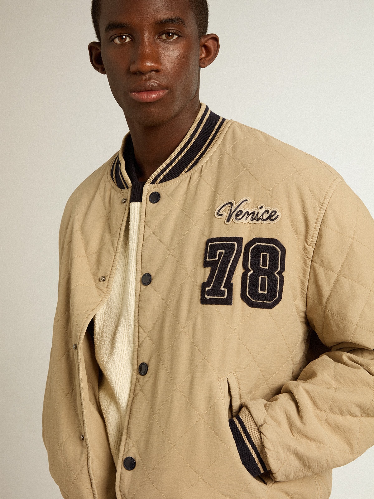 Khaki-colored quilted cotton bomber jacket| Golden Goose