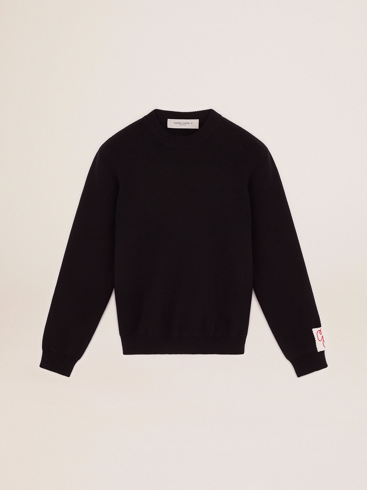 Men's round-neck sweater in dark blue cotton with logo| Golden Goose