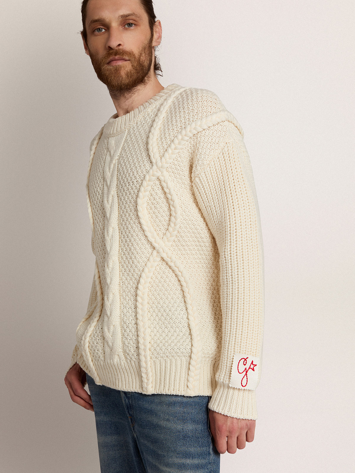 Men's crew-neck sweater in white wool| Golden Goose