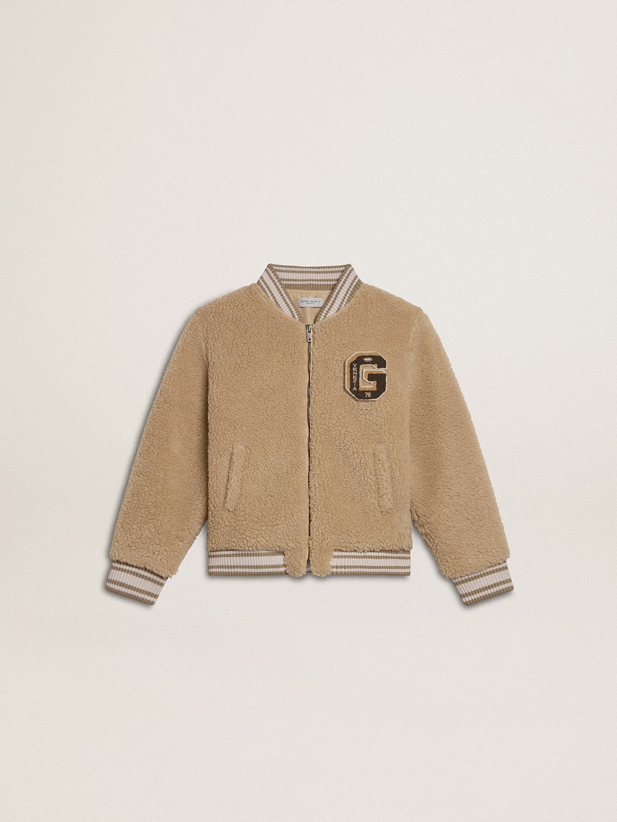 Kids beige fleece bomber jacket| Golden Goose